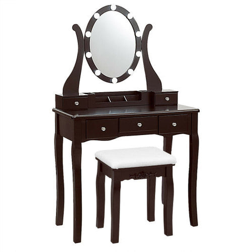 Load image into Gallery viewer, 10 Dimmable Lights Vanity Table Set with Lighted Mirror and Cushioned Stool-Coffee
