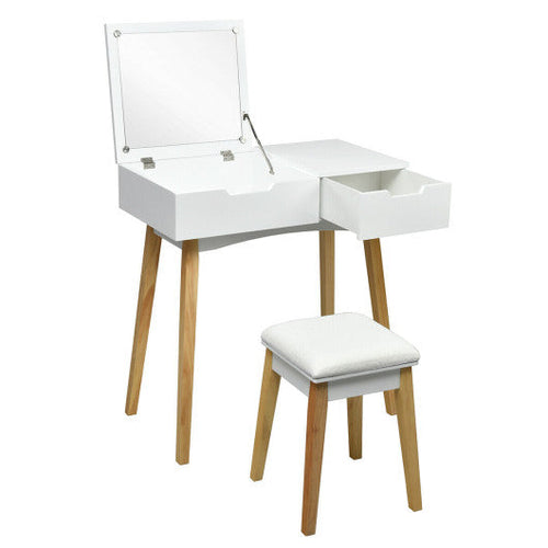 Load image into Gallery viewer, Wooden Vanity Table with Flip Top Mirror and Cushioned Stool
