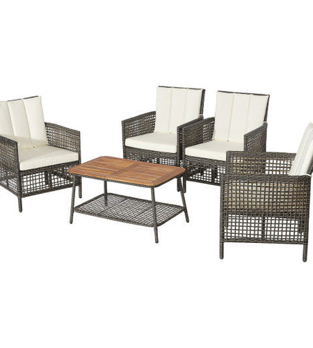 5 Pieces Patio Rattan Furniture Set Cushioned Sofa Armrest Wooden Tabletop-Off White