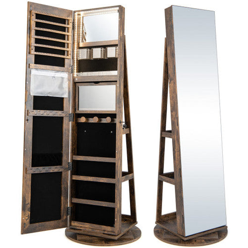 Load image into Gallery viewer, 360° Rotating Mirrored Jewelry Cabinet Armoire 3 Color LED Modes Lockable-Brown
