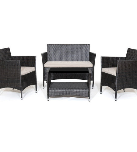 4 Pieces Patio Conversation Set with Soft Cushions and Tempered Glass Tabletop