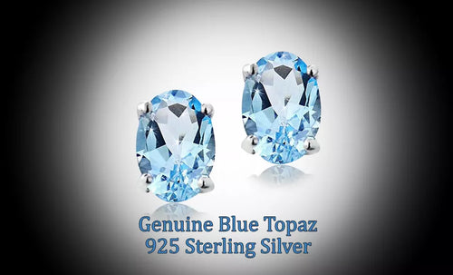 Load image into Gallery viewer, RMZ Gold NYC Stud Silver Earrings oval Cz Sterling 925 Cubic Zirconia Blue Topaz Clear 6MM
