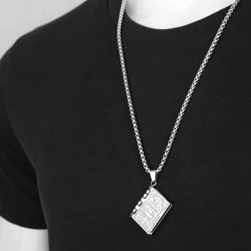 Load image into Gallery viewer, Silver Bible Open Pages Pendant Lord's Prayer Necklace Religious Jewelry 24" _mkpt by Js House

