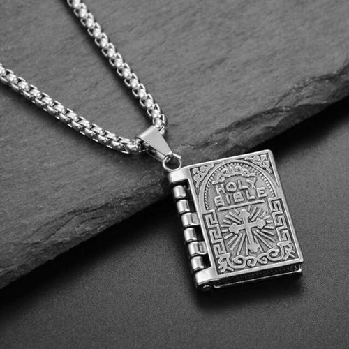 Load image into Gallery viewer, Silver Bible Open Pages Pendant Lord's Prayer Necklace Religious Jewelry 24" _mkpt by Js House
