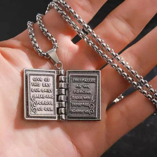 Load image into Gallery viewer, Silver Bible Open Pages Pendant Lord's Prayer Necklace Religious Jewelry 24" _mkpt by Js House
