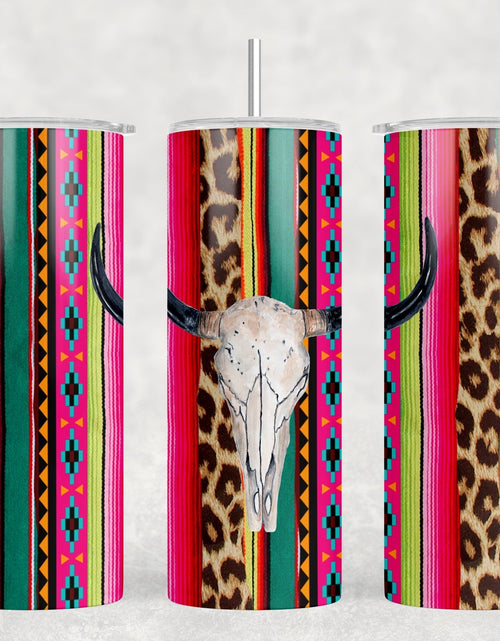 Load image into Gallery viewer, Serape Bull Skull  - 20 oz Steel Skinny Tumbler - Optional Blue Tooth Speaker - Speaker Color will Vary by Rowdy Ridge Co
