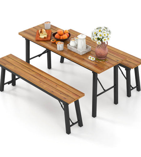 Outdoor Dining Table and Bench Set with Acacia Wood Top for Yard Garden Poolside