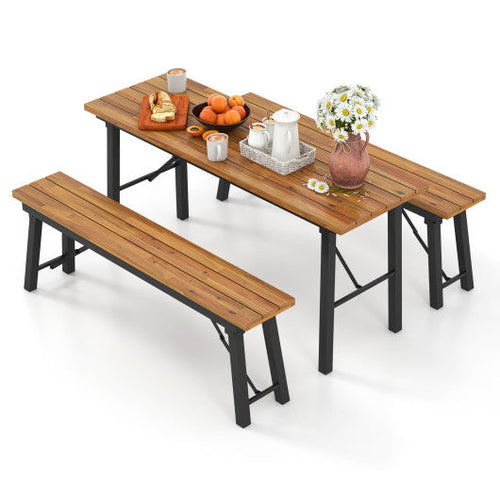 Load image into Gallery viewer, Outdoor Dining Table and Bench Set with Acacia Wood Top for Yard Garden Poolside
