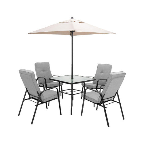 Load image into Gallery viewer, 6 Pieces Patio Dining Set with Umbrella and Stackable Cushioned Chairs
