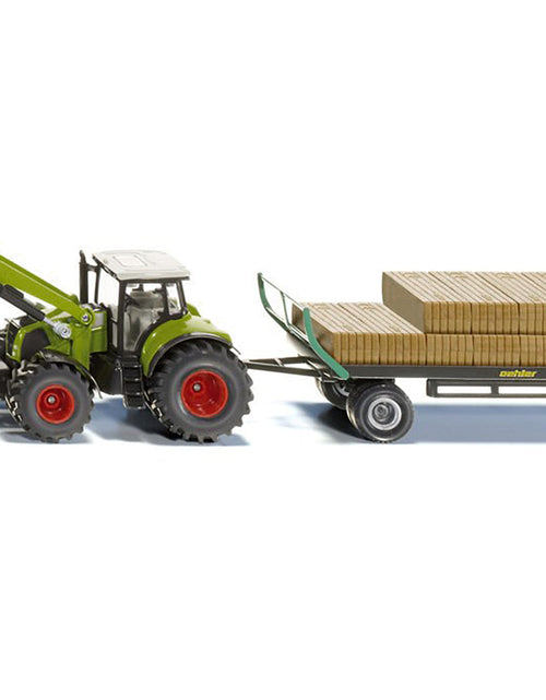 Load image into Gallery viewer, Claas Tractor with Square Bale Grab Green and Oehler Bale Trailer with 12 Hay Bales 1/50 Diecast Model by Siku
