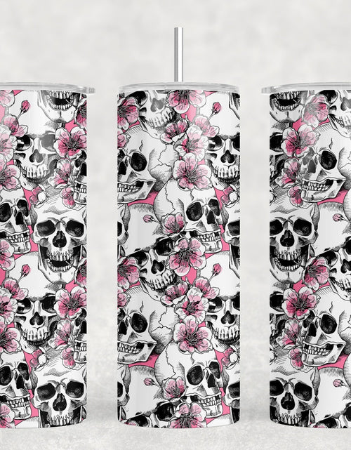 Load image into Gallery viewer, Skulls and Flowers - 20 oz Steel Skinny Tumbler - Optional Blue Tooth Speaker - Speaker Color will Vary by Rowdy Ridge Co
