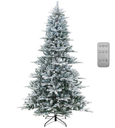 8 Feet Snow Flocked Artificial Christmas Tree with Cool White LED Lights