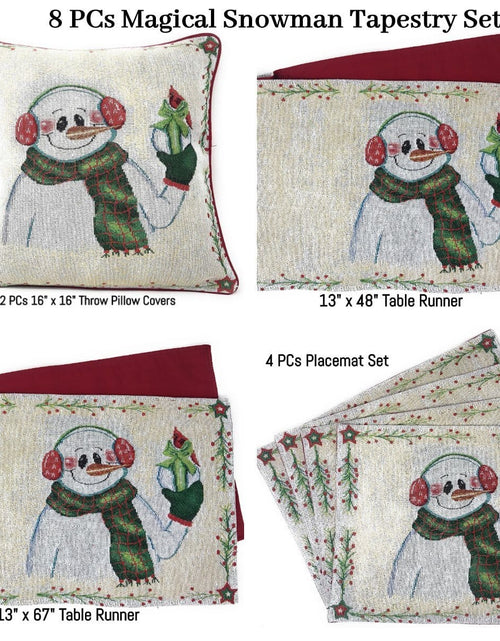 Load image into Gallery viewer, DaDa Bedding Set of 8 Pieces Magical Snowman Holiday Table Tapestry - 4 Placemats, 2 Table Runners, 2 Throw Pillow Covers (9733) by DaDa Bedding Collection
