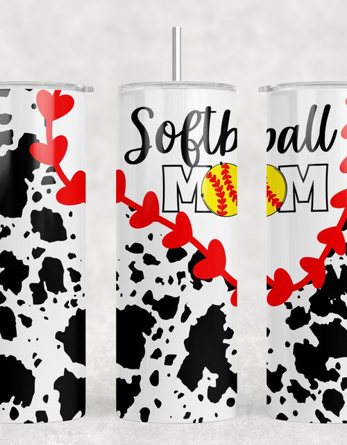Load image into Gallery viewer, Softball Mom Cow Print|Skinny Tumbler|Optional Bluetooth Speaker| Speaker Color Varies by Rowdy Ridge Co
