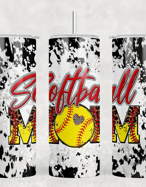 Load image into Gallery viewer, Softball Mom faux cowhide|Skinny Tumbler|Optional Bluetooth Speaker| Speaker Color Varies by Rowdy Ridge Co

