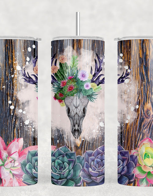 Load image into Gallery viewer, Succulent Deer Skull - 20 oz Steel Skinny Tumbler - Optional Blue Tooth Speaker - Speaker Color will Vary by Rowdy Ridge Co
