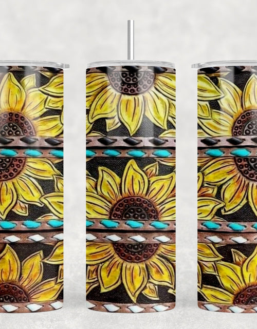 Load image into Gallery viewer, Sunflower faux leather - 20 oz Steel Skinny Tumbler - Optional Blue Tooth Speaker - Speaker Color will Vary by Rowdy Ridge Co
