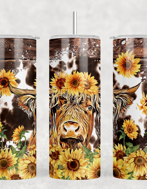 Load image into Gallery viewer, Sunflower Highland Cow|Skinny Tumbler|Optional Bluetooth Speaker| Speaker Color Varies by Rowdy Ridge Co
