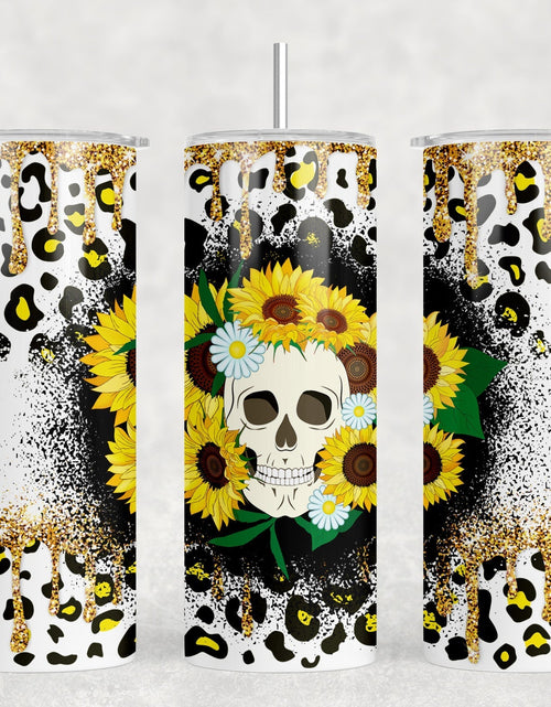 Load image into Gallery viewer, Sunflower Skull - 20 oz Steel Skinny Tumbler - Optional Blue Tooth Speaker - Speaker Color will Vary by Rowdy Ridge Co
