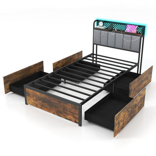 Load image into Gallery viewer, Twin/Full/Queen Bed Frame with LED Lights  Upholstered Headboard and 4 Storage Drawers-Twin size
