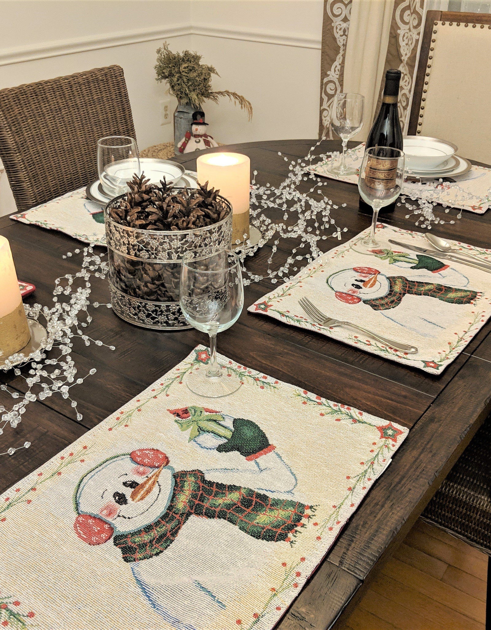 DaDa Bedding Set of 8 Pieces Magical Snowman Holiday Table Tapestry - 4 Placemats, 2 Table Runners, 2 Throw Pillow Covers (9733) by DaDa Bedding Collection