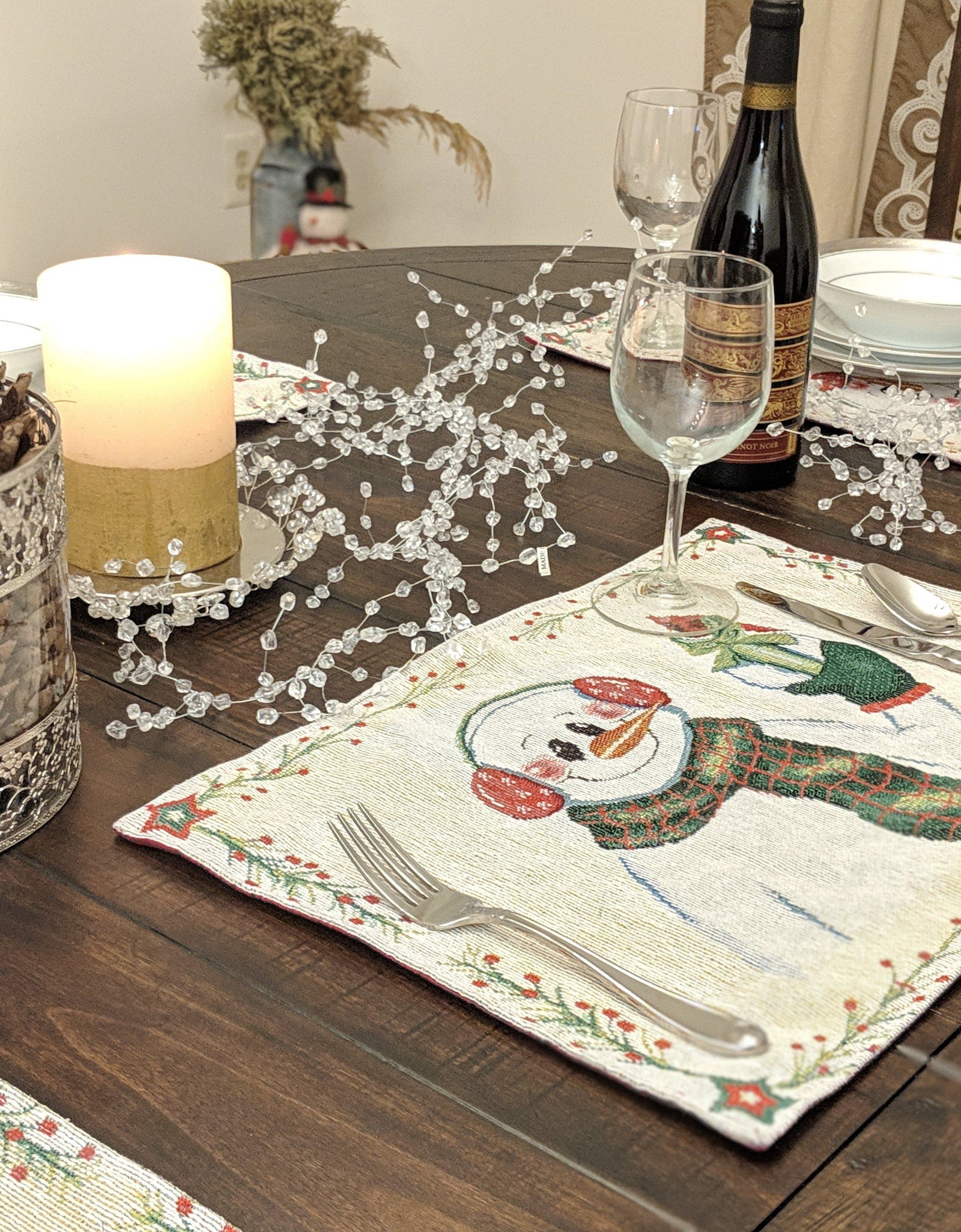 DaDa Bedding Set of 8 Pieces Magical Snowman Holiday Table Tapestry - 4 Placemats, 2 Table Runners, 2 Throw Pillow Covers (9733) by DaDa Bedding Collection