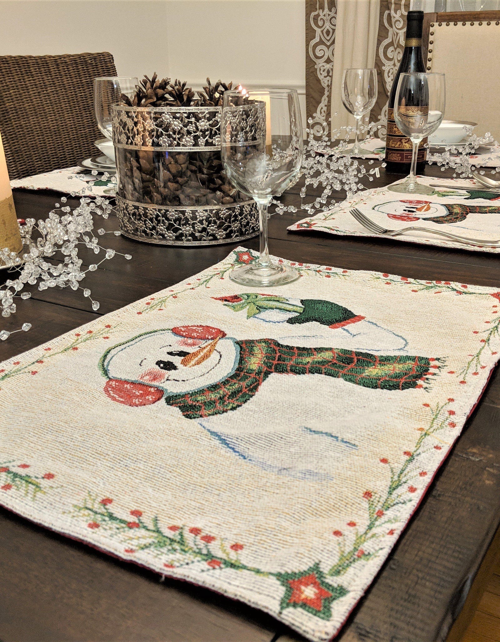 DaDa Bedding Set of 8 Pieces Magical Snowman Holiday Table Tapestry - 4 Placemats, 2 Table Runners, 2 Throw Pillow Covers (9733) by DaDa Bedding Collection