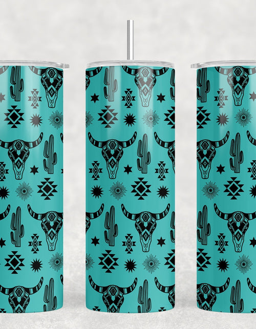 Load image into Gallery viewer, Teal Western Bull Skull - 20 oz Steel Skinny Tumbler - Optional Blue Tooth Speaker - Speaker Color will Vary by Rowdy Ridge Co
