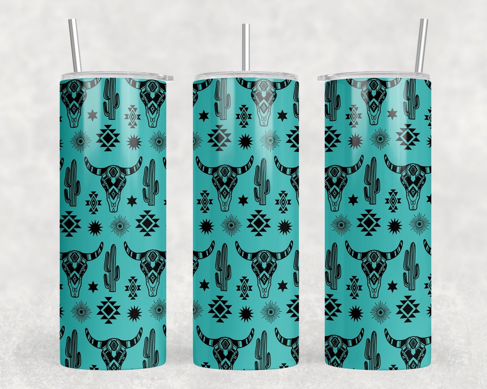 Teal Western Bull Skull - 20 oz Steel Skinny Tumbler - Optional Blue Tooth Speaker - Speaker Color will Vary by Rowdy Ridge Co