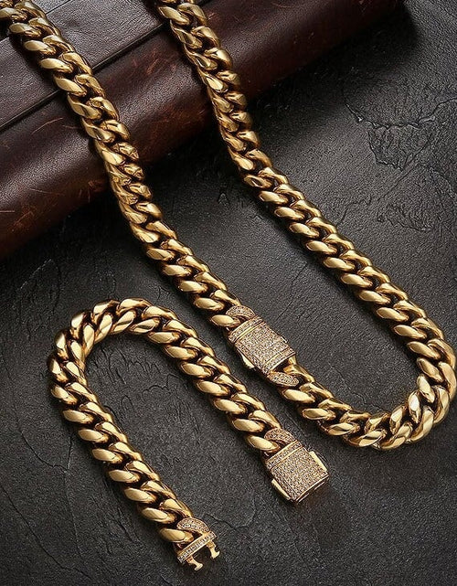 Load image into Gallery viewer, The Golden Nugget® - 12mm Iced Miami Cuban Link Chain 18K Gold Plated with CZ Clasp by Bling Proud | Urban Jewelry Online Store
