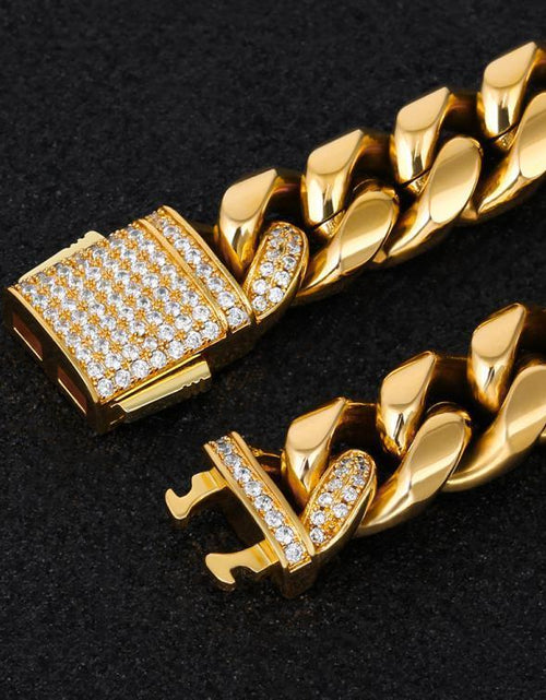 Load image into Gallery viewer, The Golden Nugget® - 12mm Iced Miami Cuban Link Chain 18K Gold Plated with CZ Clasp by Bling Proud | Urban Jewelry Online Store
