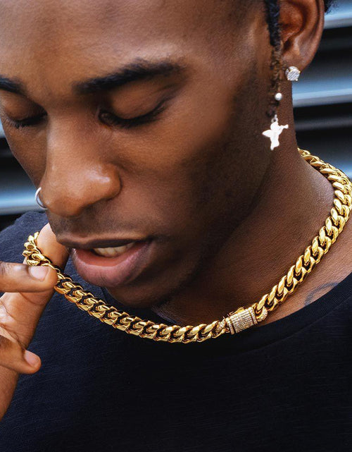 Load image into Gallery viewer, The Golden Nugget® - 12mm Iced Miami Cuban Link Chain 18K Gold Plated with CZ Clasp by Bling Proud | Urban Jewelry Online Store
