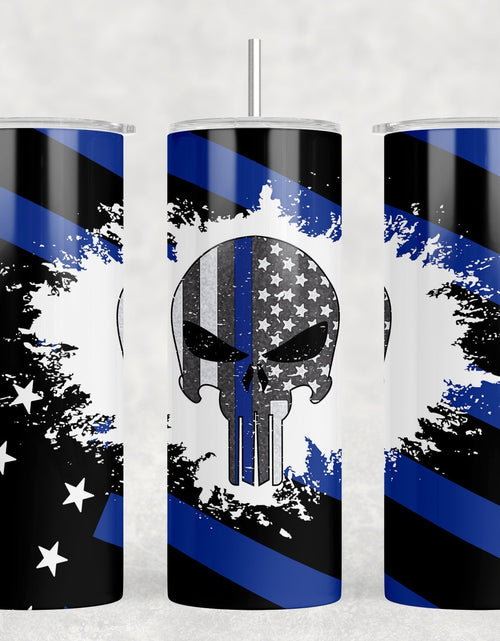 Load image into Gallery viewer, Thin Blue Line Skull|Skinny Tumbler|Optional Bluetooth Speaker| Speaker Color Varies by Rowdy Ridge Co

