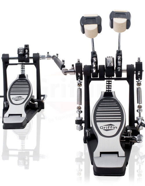 Load image into Gallery viewer, Double Kick Drum Pedal for Bass Drum by GRIFFIN - Deluxe Twin Set Foot Pedal - Quad Sided Beater Heads - Dual Pedal Two Chain Drive Hardware by GeekStands.com
