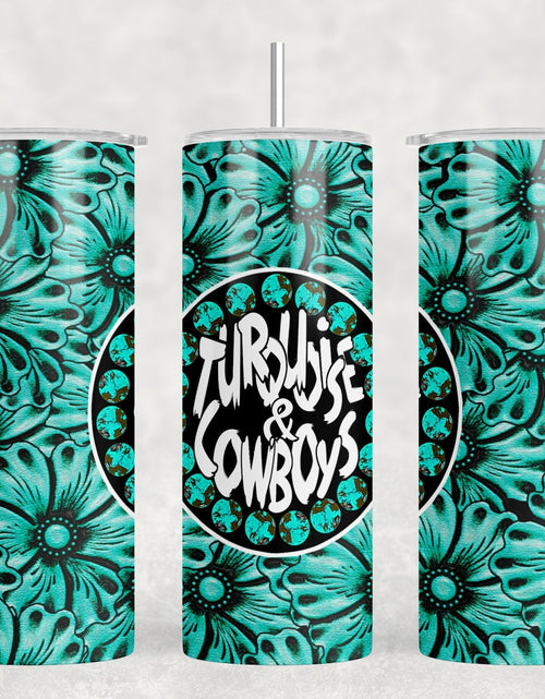Load image into Gallery viewer, Turquoise and Cowboys  - 20 oz Steel Skinny Tumbler - Optional Blue Tooth Speaker - Speaker Color will Vary by Rowdy Ridge Co
