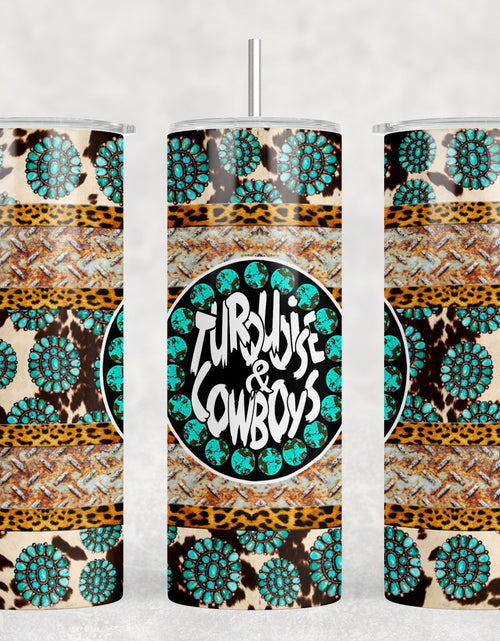 Load image into Gallery viewer, Turquoise And Cowboys  - 20 oz Steel Skinny Tumbler - Optional Blue Tooth Speaker - Speaker Color will Vary by Rowdy Ridge Co
