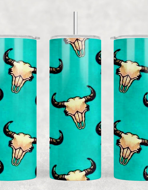 Load image into Gallery viewer, Turquoise Bull Skulls - 20 oz Steel Skinny Tumbler - Optional Blue Tooth Speaker - Speaker Color will Vary by Rowdy Ridge Co
