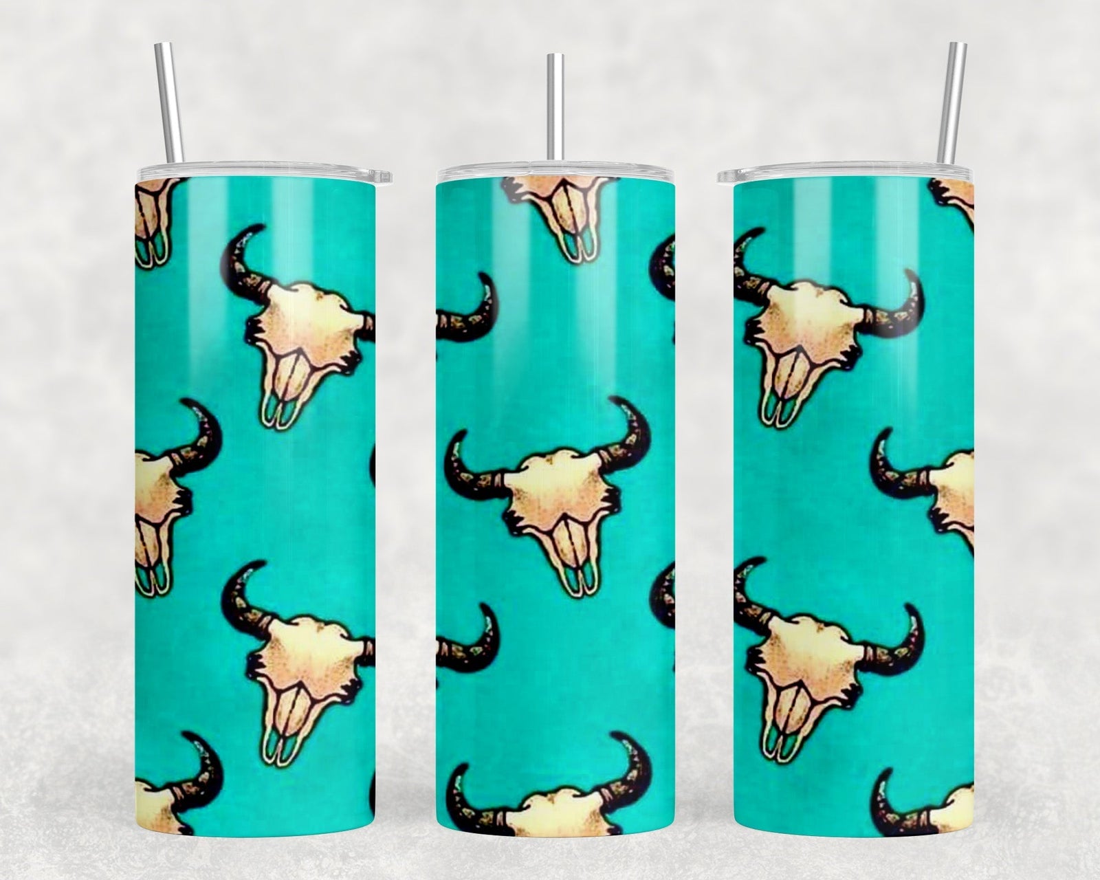 Turquoise Bull Skulls - 20 oz Steel Skinny Tumbler - Optional Blue Tooth Speaker - Speaker Color will Vary by Rowdy Ridge Co