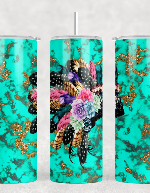 Load image into Gallery viewer, Turquoise Headdress - 20 oz Steel Skinny Tumbler - Optional Blue Tooth Speaker - Speaker Color will Vary by Rowdy Ridge Co
