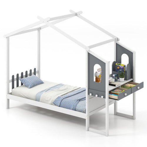 Load image into Gallery viewer, Twin/Full Bed Frame with House Roof Canopy and Fence for Kids-Twin Size
