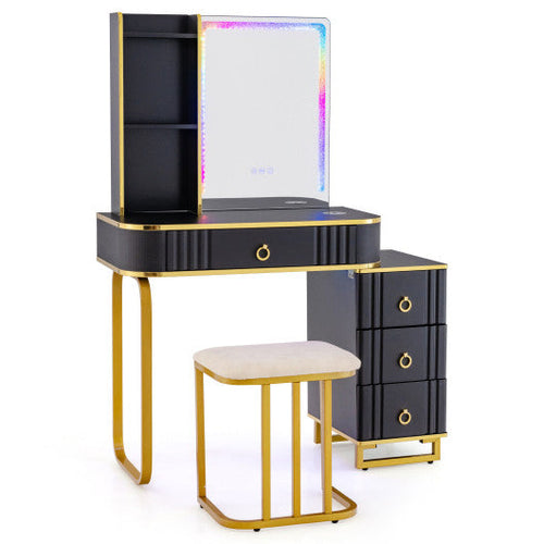 Load image into Gallery viewer, Vanity Table Set with RGB LED Lights and Wireless Charging Station-Black
