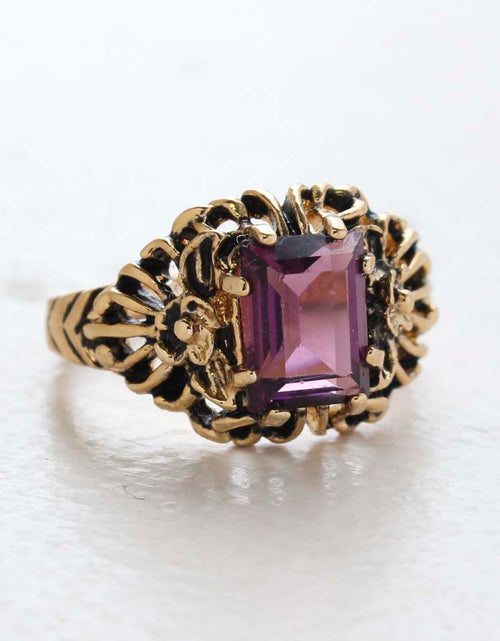 Load image into Gallery viewer, Vintage Ring Emerald Cut Emerald Austrian Crystal 18kt Antiqued Yellow Gold Plated Filligree Ring by PVD Vintage Jewelry
