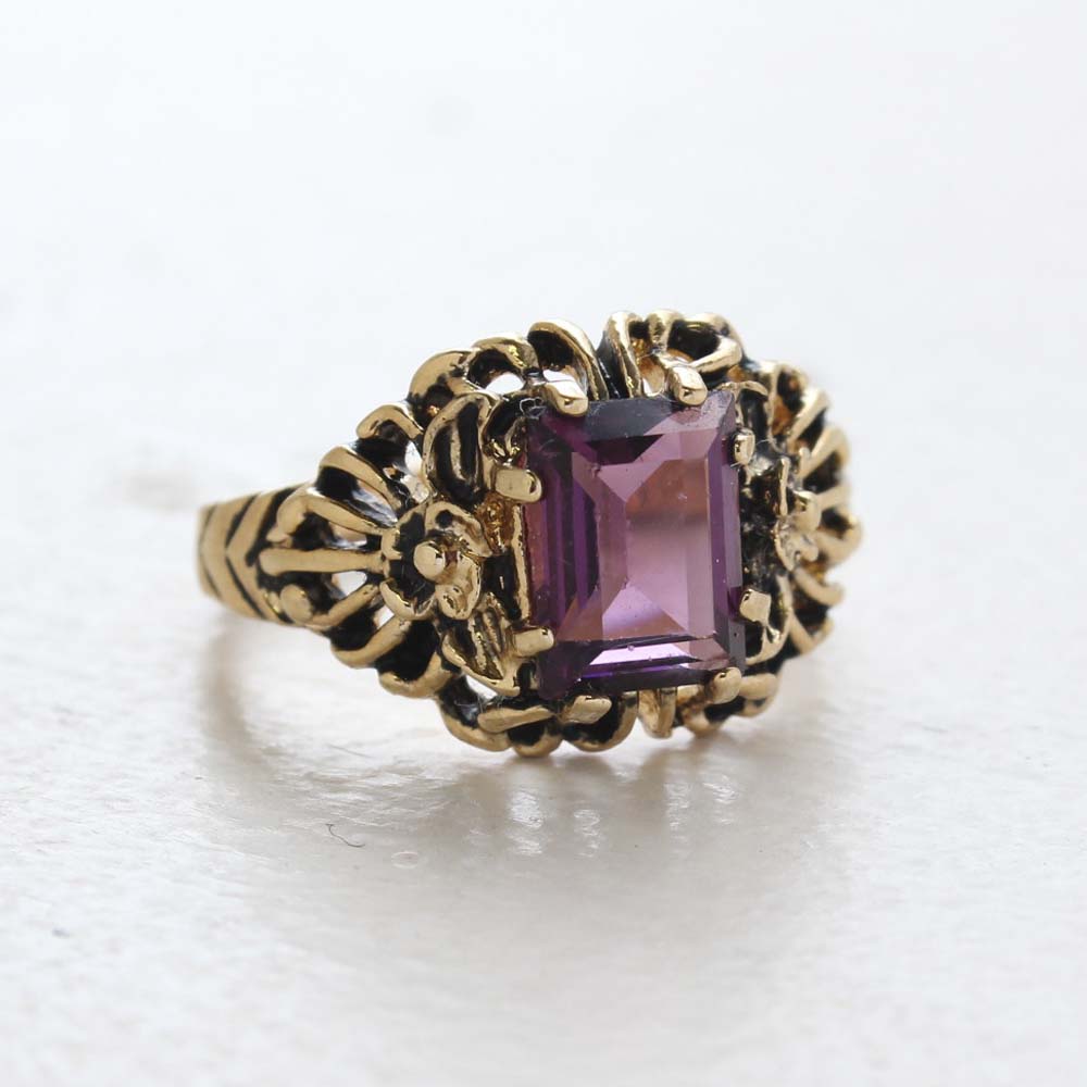 Vintage Ring Emerald Cut Emerald Austrian Crystal 18kt Antiqued Yellow Gold Plated Filligree Ring by PVD Vintage Jewelry
