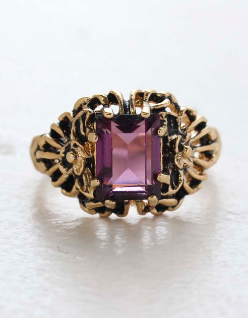 Load image into Gallery viewer, Vintage Ring Emerald Cut Emerald Austrian Crystal 18kt Antiqued Yellow Gold Plated Filligree Ring by PVD Vintage Jewelry
