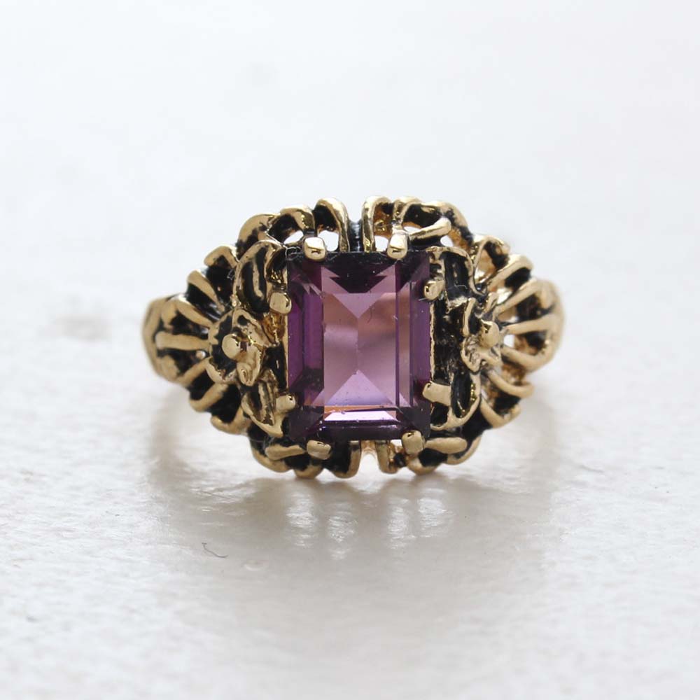 Vintage Ring Emerald Cut Emerald Austrian Crystal 18kt Antiqued Yellow Gold Plated Filligree Ring by PVD Vintage Jewelry