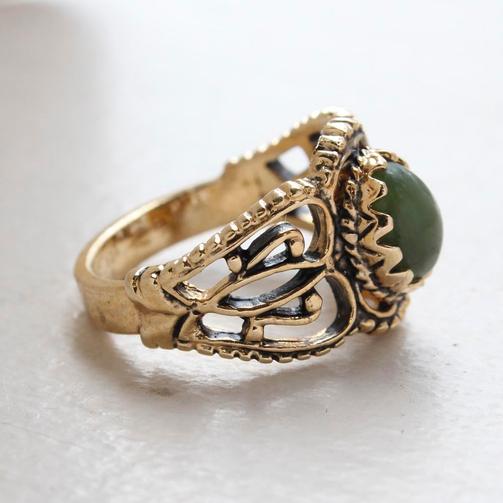 Vintage Jewelry Genuine Jade Ring Antiqued 18kt Yellow Gold Electroplated Made in the USA by PVD Vintage Jewelry