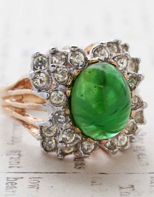 Load image into Gallery viewer, Vintage Emerald Green Crystal Cabochon Stone &amp; Clear Crystal Ring in 18kt Yellow Gold Electroplate by PVD Vintage Jewelry
