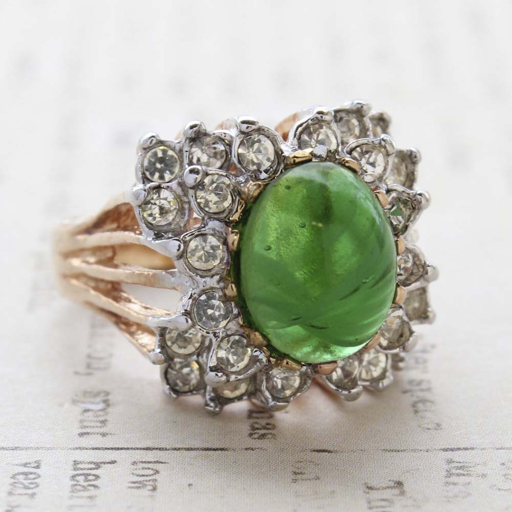 Vintage Emerald Green Crystal Cabochon Stone & Clear Crystal Ring in 18kt Yellow Gold Electroplate by PVD Vintage Jewelry