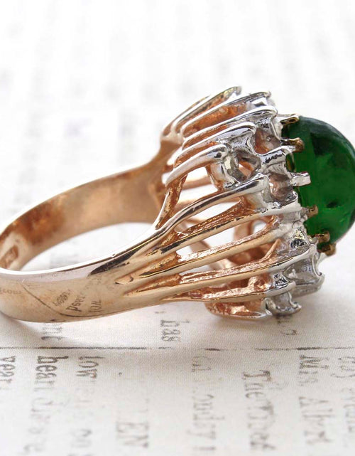 Load image into Gallery viewer, Vintage Emerald Green Crystal Cabochon Stone &amp; Clear Crystal Ring in 18kt Yellow Gold Electroplate by PVD Vintage Jewelry
