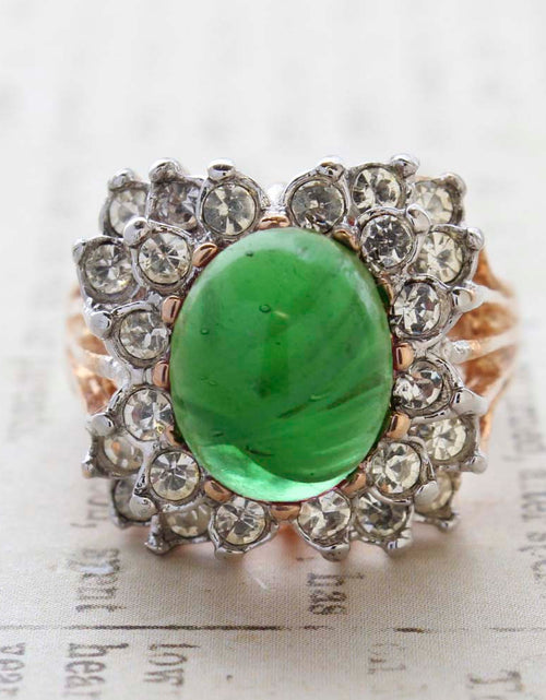 Load image into Gallery viewer, Vintage Emerald Green Crystal Cabochon Stone &amp; Clear Crystal Ring in 18kt Yellow Gold Electroplate by PVD Vintage Jewelry
